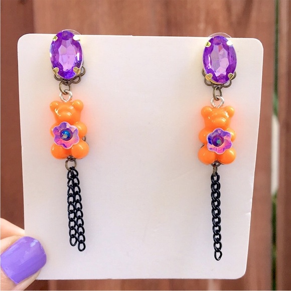 Amethyst, Iridescent Flower + Orange Gummy Bear Halloween Drop Tassel Earrings - Picture 1 of 4